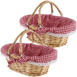 2 PCS Natural Wicker Basket with Double Handles and Washable Gingham Liner, Small Hand Woven Gifts Basket Empty for Easter, Picnics, Gifts, Home Decor, Candy Fruit Storage, 13 x 9 x 4.7 Inch 2 PCS Natural Wicker Basket with Double Handles and Washable Gingham Liner, Small Hand Woven Gifts Basket Empty for Easter, Picnics, Gifts, Home Decor, Candy Fruit Storage, 13 x 9 x 4.7 Inch