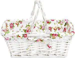 Wicker Picnic Basket with Double Folding Handles, Rectangular White Willow Woven Picnic Hamper with Removable Liner Empty Storage Basket for Candy, Flower, Gift, Picnic, Party, Kitchen Wicker Picnic Basket with Double Folding Handles, Rectangular White Willow Woven Picnic Hamper with Removable Liner Empty Storage Basket for Candy, Flower, Gift, Picnic, Party, Kitchen
