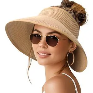Sun Visor Hats for Women Wide Brim Ponytail Straw Hat (Khaki) Sun Visor Hats for Women Wide Brim Ponytail Straw Hat (Khaki)
