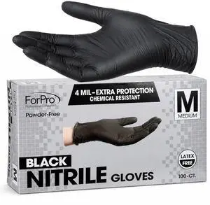 Disposable Nitrile Gloves, Chemical Resistant, Powder-Free, Latex-Free, Non-Sterile, Food Safe, 4 Mil, Black, Medium, 100-Count Disposable Nitrile Gloves, Chemical Resistant, Powder-Free, Latex-Free, Non-Sterile, Food Safe, 4 Mil, Black, Medium, 100-Count