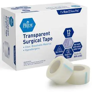 Transparent Surgical Tape,1 in x 10 yd,Hypoallergenic,12-Pack Transparent Surgical Tape,1 in x 10 yd,Hypoallergenic,12-Pack