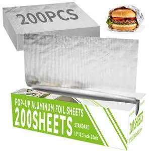 Aluminum Foil Sheets, 200 Count Pre Cut Tinfoil, 12" x 10.5" Inch Pre Cut Foil Sheets for Food, Hot Dog or Sandwich Wrap, Food Storage, Baking, Catering, Restaurant, Kitchen Use Aluminum Foil Sheets, 200 Count Pre Cut Tinfoil, 12" x 10.5" Inch Pre Cut Foil Sheets for Food, Hot Dog or Sandwich Wrap, Food Storage, Baking, Catering, Restaurant, Kitchen Use