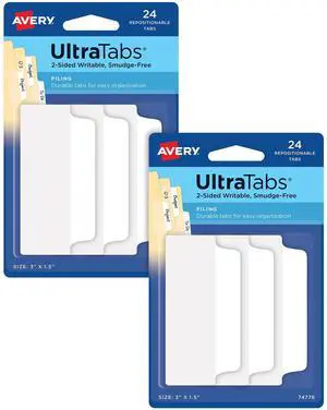 Ultra Tabs®, File Tabs, 3" x 1.5", 2-Side Writable, White, Self-Adhesive, 24 Per Pack, 48 Total (2-Pack of 74776) Ultra Tabs®, File Tabs, 3" x 1.5", 2-Side Writable, White, Self-Adhesive, 24 Per Pack, 48 Total (2-Pack of 74776)