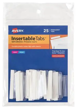 Insertable Self-Adhesive Tabs with Printable Inserts, 2", Permanent Adhesive, Clear, Pack of 25 Index Tabs (16241) Insertable Self-Adhesive Tabs with Printable Inserts, 2", Permanent Adhesive, Clear, Pack of 25 Index Tabs (16241)