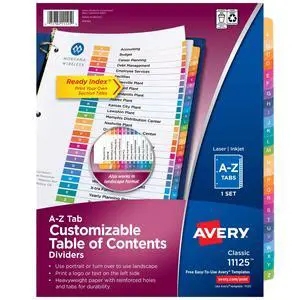 A-Z Dividers for 3 Ring Binders, 26 Tabs per Set, Customizable Table of Contents, Multicolor Tabs, Great for Organizing Reports, Projects, and More (11125) A-Z Dividers for 3 Ring Binders, 26 Tabs per Set, Customizable Table of Contents, Multicolor Tabs, Great for Organizing Reports, Projects, and More (11125)