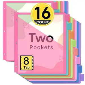 16 Count Dividers for 3 Ring Binder with Two Pockets, 8 Tabs Set 16 Count Dividers for 3 Ring Binder with Two Pockets, 8 Tabs Set