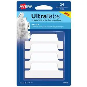 Margin Ultra Tabs®, 2.5" x 1", 2-Side Writable, White, 24 Repositionable Page Tabs (74789) Margin Ultra Tabs®, 2.5" x 1", 2-Side Writable, White, 24 Repositionable Page Tabs (74789)