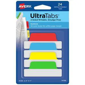 Margin Ultra Tabs®, 2.5" x 1", 2-Side Writable, Assorted Colors, 24 Repositionable Page Tabs (74768) Margin Ultra Tabs®, 2.5" x 1", 2-Side Writable, Assorted Colors, 24 Repositionable Page Tabs (74768)