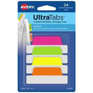 Margin Ultra Tabs, 2.5" x 1", 2-Side Writable, Assorted Neon Color, 24 Repositionable Page Tabs (74767) Margin Ultra Tabs, 2.5" x 1", 2-Side Writable, Assorted Neon Color, 24 Repositionable Page Tabs (74767)