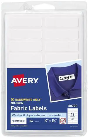 No-Iron Fabric Labels, 1/2" x 1-3/4", Washer and Dryer-Safe Waterproof Labels, Non-Printable, 54 Total (40720) No-Iron Fabric Labels, 1/2" x 1-3/4", Washer and Dryer-Safe Waterproof Labels, Non-Printable, 54 Total (40720)