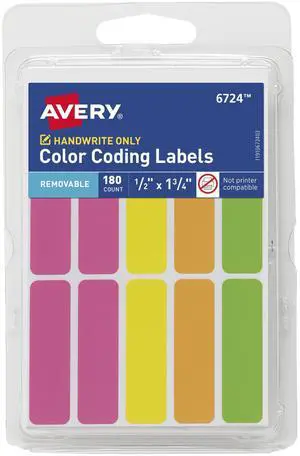 Color-Coding Removable Labels, 1/2" x 1-3/4", Assorted Neon Colors, Non-Printable, 180 Blank Labels Total (6724) Color-Coding Removable Labels, 1/2" x 1-3/4", Assorted Neon Colors, Non-Printable, 180 Blank Labels Total (6724)