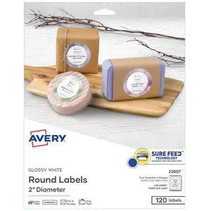 Printable Round Labels, Sure Feed® Technology, Glossy White Labels, 2" Diameter, Permanent Adhesive, Laser/Inkjet, 120 Total (22807) Printable Round Labels, Sure Feed® Technology, Glossy White Labels, 2" Diameter, Permanent Adhesive, Laser/Inkjet, 120 Total (22807)