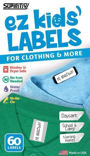 Ez Kids Clothing Labels Self-Stick No-Iron Write-On | Great for Children & Adults | Washer & Dryer Safe | School, Camp, Nursing Care, Toys, Organizing, All Purpose (60-Pack) Ez Kids Clothing Labels Self-Stick No-Iron Write-On | Great for Children & Adults | Washer & Dryer Safe | School, Camp, Nursing Care, Toys, Organizing, All Purpose (60-Pack)