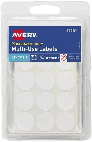 Multi-Use Removable Labels, 3/4 Inch Round Stickers, White, Non-Printable, 315 Blank Labels Total (6738) Multi-Use Removable Labels, 3/4 Inch Round Stickers, White, Non-Printable, 315 Blank Labels Total (6738)