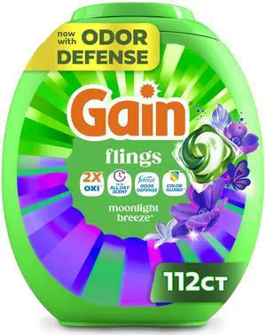 Flings Laundry Detergent Pods Odor Defense + Color Guard, Moonlight Breeze Scent, 4-in-1 Liquid Laundry Detergent Pacs with Oxi Boost and Febreze, 112 Count (Packaging May Vary) Flings Laundry Detergent Pods Odor Defense + Color Guard, Moonlight Breeze Scent, 4-in-1 Liquid Laundry Detergent Pacs with Oxi Boost and Febreze, 112 Count (Packaging May Vary)