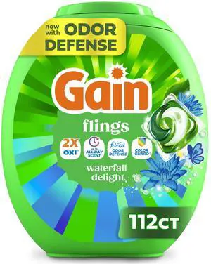 Flings Liquid Washing Detergent Pacs, Now with Odor Defense + Color Guard, Waterfall Delight Scent, 4-In-1 Liquid Laundry Detergent Pods, Clean & Fresh, 112 Count (Packaging May Vary) Flings Liquid Washing Detergent Pacs, Now with Odor Defense + Color Guard, Waterfall Delight Scent, 4-In-1 Liquid Laundry Detergent Pods, Clean & Fresh, 112 Count (Packaging May Vary)