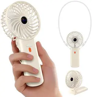 Portable Handheld Fan with Neck Lanyard, Beige Portable Handheld Fan with Neck Lanyard, Beige