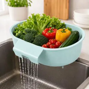 Over Sink Colander with Handle 9.5" × 6.5" × 3.9" Kitchen Sink Strainer Basket for Washing Fruits & Vegetables, Draining Pasta, Defrosting Food & Drying Dishes, BPA-Free Dishwasher Safe, Light Blue Over Sink Colander with Handle 9.5" × 6.5" × 3.9" Kitchen Sink Strainer Basket for Washing Fruits & Vegetables, Draining Pasta, Defrosting Food & Drying Dishes, BPA-Free Dishwasher Safe, Light Blue