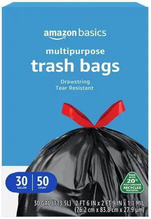 30 Gallon Multipurpose Drawstring Trash Bags, 20% Post Consumer Recycled, Black with Red Drawstring, 50 Count 30 Gallon Multipurpose Drawstring Trash Bags, 20% Post Consumer Recycled, Black with Red Drawstring, 50 Count