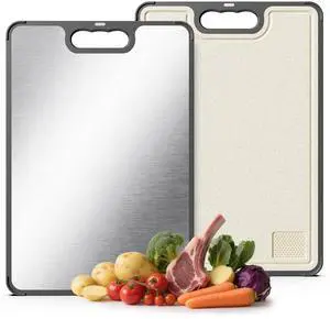 Double-Sided Cutting Board for Kitchen - Stainless Steel Cutting Board with Wheat Straw Side, Non-Toxic Chopping Board with Juice Groove, Garlic Grinder & Non-Slip Design, 14.5 x 10.0" Double-Sided Cutting Board for Kitchen - Stainless Steel Cutting Board with Wheat Straw Side, Non-Toxic Chopping Board with Juice Groove, Garlic Grinder & Non-Slip Design, 14.5 x 10.0"