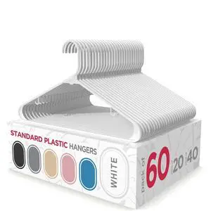 Plastic Clothes Hangers - Adult Plastic Hanger - Clothing Hangers - Standard Hangers for Clothes - Space Saving Hangers - Ideal for Shirt, Dresses, Coat Hangers (60-Pack, White) Plastic Clothes Hangers - Adult Plastic Hanger - Clothing Hangers - Standard Hangers for Clothes - Space Saving Hangers - Ideal for Shirt, Dresses, Coat Hangers (60-Pack, White)