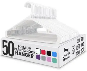 Plastic Hangers 50 Pack Built-in Strap Hooks White Plastic Hangers 50 Pack Built-in Strap Hooks White