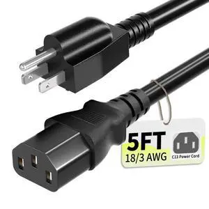 Universal 5ft(1.5m) Power Cord, 3-Prong Pure Copper ETL, Black Universal 5ft(1.5m) Power Cord, 3-Prong Pure Copper ETL, Black