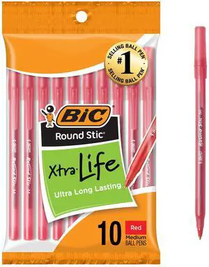 Round Stic Xtra Life Red Ballpoint Pens, Medium Point, 1.0mm, 10-Count Round Stic Xtra Life Red Ballpoint Pens, Medium Point, 1.0mm, 10-Count