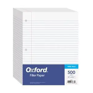 Filler Paper, 8 x 10-1/2 Inch Wide Ruled Paper, 3 Hole Punch, Loose Leaf Notebook Paper for 3 Ring Binders, 500 sheets (62330), white Filler Paper, 8 x 10-1/2 Inch Wide Ruled Paper, 3 Hole Punch, Loose Leaf Notebook Paper for 3 Ring Binders, 500 sheets (62330), white