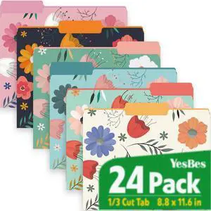 24 Pack Decorative File Folders, 1/3 Cut Tab Floral Colored Folders Letter Size 8.8 x 11.6 Inch, Assorted 6 Styles Filing Folder for Office School Business 24 Pack Decorative File Folders, 1/3 Cut Tab Floral Colored Folders Letter Size 8.8 x 11.6 Inch, Assorted 6 Styles Filing Folder for Office School Business