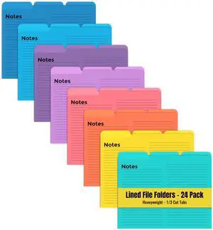 Lined File Folders, 24 Pack, Notes Tabbed File Folders, 1/3 Cut Tabs, 8 Vibrant Colors, Heavyweight, Letter Size Folders, 9.5" x 11.5", Left/Center/Right Set Per Color, Lined File Folders, 24 Pack, Notes Tabbed File Folders, 1/3 Cut Tabs, 8 Vibrant Colors, Heavyweight, Letter Size Folders, 9.5" x 11.5", Left/Center/Right Set Per Color,