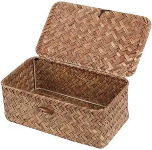 Wicker Shelf Baskets with Lid,Seagrass Storage Basket Bins Rectangular Handwoven Basket Boxes for Shelves Desktop Home Organizer (Coffee, X-Small) Wicker Shelf Baskets with Lid,Seagrass Storage Basket Bins Rectangular Handwoven Basket Boxes for Shelves Desktop Home Organizer (Coffee, X-Small)