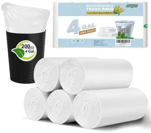 Small Trash Bags Bathroom Garbage Bags 4 Gallon, 15-20 Liter White Mini Trash Bags, Office Waste Basket Liners Compostable Plant Based Bin Bags, 200 Count Small Trash Bags Bathroom Garbage Bags 4 Gallon, 15-20 Liter White Mini Trash Bags, Office Waste Basket Liners Compostable Plant Based Bin Bags, 200 Count