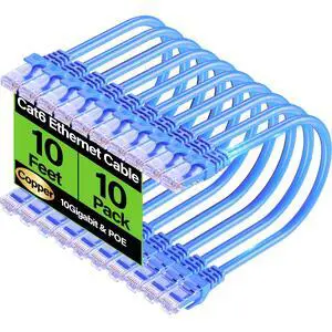 Cat6 Ethernet Cable 10Gbps 10 ft (10 Pack), UTP Ethernet Cable Cat 6, Flexible Bare Copper Cat6 Cable, Cat 6 Network Cable for Server, Data Center, Blue Cat6 Ethernet Cable 10Gbps 10 ft (10 Pack), UTP Ethernet Cable Cat 6, Flexible Bare Copper Cat6 Cable, Cat 6 Network Cable for Server, Data Center, Blue