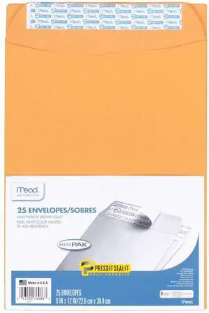 Envelopes, Letter Size 9" x 12", Press-It Seal-It Self Adhesive Closure, Brown Kraft All-Purpose 24-lb Paper, Manila Mailing Envelopes, 25 Count (76086) Envelopes, Letter Size 9" x 12", Press-It Seal-It Self Adhesive Closure, Brown Kraft All-Purpose 24-lb Paper, Manila Mailing Envelopes, 25 Count (76086)