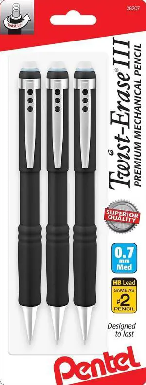 Mechanical Pencil 0.7 mm Twist Erase III, Twist Up Eraser, Pre-Loaded Super Hi-Polymer HB Lead, Black Barrel, 3-Pack (0.7) Mechanical Pencil 0.7 mm Twist Erase III, Twist Up Eraser, Pre-Loaded Super Hi-Polymer HB Lead, Black Barrel, 3-Pack (0.7)