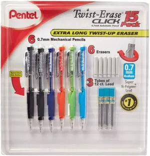 Twist-Erase Click Mechanical Pencils 0.7mm, HB #2, School Supplies, Teacher Supplies, Drawing Sketching pencils, Assorted Barrel Colors- 6 Mechanical Pencils, 6 Erasers, 3 Tubes of Lead Refills Twist-Erase Click Mechanical Pencils 0.7mm, HB #2, School Supplies, Teacher Supplies, Drawing Sketching pencils, Assorted Barrel Colors- 6 Mechanical Pencils, 6 Erasers, 3 Tubes of Lead Refills