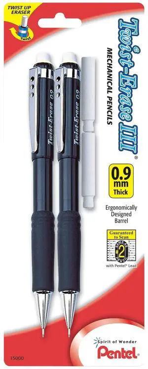 Twist-Erase III Mechanical Pencil, (0.9mm), Assorted Barrel Colors with 2 Eraser Refills, Pack of 2 (QE519BP2-K6) Twist-Erase III Mechanical Pencil, (0.9mm), Assorted Barrel Colors with 2 Eraser Refills, Pack of 2 (QE519BP2-K6)