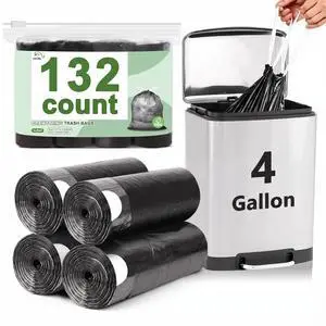 132 Count Small Trash Bags, 4 Gallon Drawstring Garbage Bags, Bathroom Wastebasket Liners, Tear-Free Plastic Bags for Toilet Home Office and Bedroom (Black) 132 Count Small Trash Bags, 4 Gallon Drawstring Garbage Bags, Bathroom Wastebasket Liners, Tear-Free Plastic Bags for Toilet Home Office and Bedroom (Black)