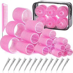 Hair Rollers for Women, 4 Sizes with Clips, Comb & Travel Bag, Pink Hair Rollers for Women, 4 Sizes with Clips, Comb & Travel Bag, Pink