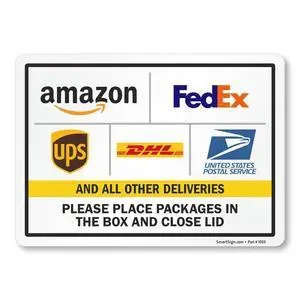 4-Pack 'Please Place Packages in The Box and Close Lid' Sticker Labels with Delivery Partner Logos, 5" x 7", 5 mil Laminated Polyester with SuperStick Adhesive, Multicolor, Made in USA 4-Pack 'Please Place Packages in The Box and Close Lid' Sticker Labels with Delivery Partner Logos, 5" x 7", 5 mil Laminated Polyester with SuperStick Adhesive, Multicolor, Made in USA