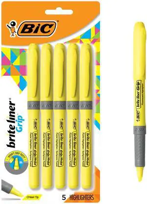 Brite Liner Grip Highlighters, Chisel Tip, 5-Count Pack of Highlighters, Yellow, Ideal Highlighter Set for Organizing and Coloring Brite Liner Grip Highlighters, Chisel Tip, 5-Count Pack of Highlighters, Yellow, Ideal Highlighter Set for Organizing and Coloring