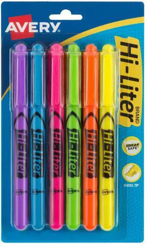 Hi-Liter Pen-Style Highlighters, Smear Safe Ink, Chisel Tip, 6 Assorted Color Highlighters (23585) Hi-Liter Pen-Style Highlighters, Smear Safe Ink, Chisel Tip, 6 Assorted Color Highlighters (23585)