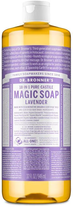 Pure-Castile Liquid Soap, Made with Organic Oils, 18-in-1 Uses: Face, Body, Hair, Laundry, Pets and Dishes, Concentrated, Vegan, Non-GMO, Lavender, 32 Oz Pure-Castile Liquid Soap, Made with Organic Oils, 18-in-1 Uses: Face, Body, Hair, Laundry, Pets and Dishes, Concentrated, Vegan, Non-GMO, Lavender, 32 Oz