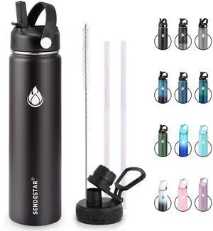 Insulated Water Bottle 24 OZ, Wide Mouth 24 oz Water Bottle with Straw Lid, Spout Lid, Double Wall Vacuum Stainless Steel Leak Proof, Keeps Liquids Hot or Cold (Black) Insulated Water Bottle 24 OZ, Wide Mouth 24 oz Water Bottle with Straw Lid, Spout Lid, Double Wall Vacuum Stainless Steel Leak Proof, Keeps Liquids Hot or Cold (Black)