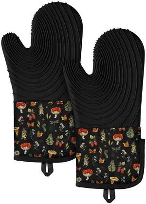 Long Silicone Oven Mitts Heat Resistant for Women - 2 Pcs Black Mushroom 100% Cotton Oven Gloves, Non-Slip and Waterproof Silicone Oven Mitts with Hanger for Baking and Cooking Long Silicone Oven Mitts Heat Resistant for Women - 2 Pcs Black Mushroom 100% Cotton Oven Gloves, Non-Slip and Waterproof Silicone Oven Mitts with Hanger for Baking and Cooking