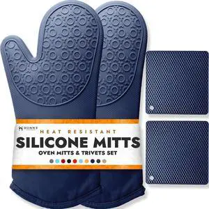 BPA-Free Soft Silicone 4 Piece Oven Mitts & Trivets Set - Ultra Heat Resistant Oven Mitts with Thick Cotton Liner - Long Slip Resistant Pot Holders, Flexible Oven Gloves - Navy BPA-Free Soft Silicone 4 Piece Oven Mitts & Trivets Set - Ultra Heat Resistant Oven Mitts with Thick Cotton Liner - Long Slip Resistant Pot Holders, Flexible Oven Gloves - Navy