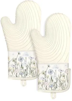 Long Silicone Oven Mitts Heat Resistant for Women - 2 Pcs Beige Wild Flowers 100% Cotton Oven Gloves, Non-Slip and Waterproof Silicone Oven Mitts with Hanger for Baking and Cooking Long Silicone Oven Mitts Heat Resistant for Women - 2 Pcs Beige Wild Flowers 100% Cotton Oven Gloves, Non-Slip and Waterproof Silicone Oven Mitts with Hanger for Baking and Cooking