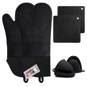 6pcs Silicone Oven Mitts and Pot Holders Sets for Kitchen, Black 6pcs Silicone Oven Mitts and Pot Holders Sets for Kitchen, Black