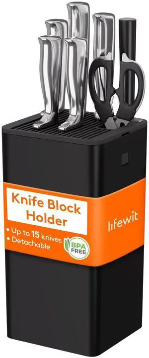 Knife Block without Knives, Plastic Universal Knife Block Holder with Detachable Slots, Hold Up to 15 Knives, Scissors, and Sharpening Rods, Kitchen Storage Organizer for Counter, Black Knife Block without Knives, Plastic Universal Knife Block Holder with Detachable Slots, Hold Up to 15 Knives, Scissors, and Sharpening Rods, Kitchen Storage Organizer for Counter, Black